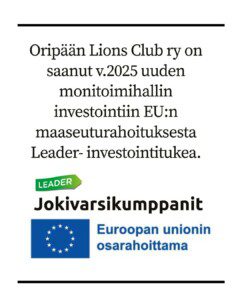 Oripään Lions Club – viestintään liittyvät tiedot ja logo rahoituksesta